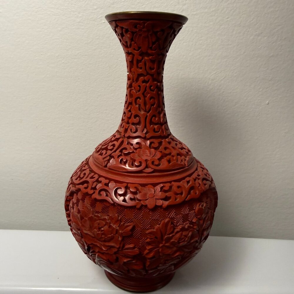 Vintage Red Asian Cinnabar Floral Carved Vase
